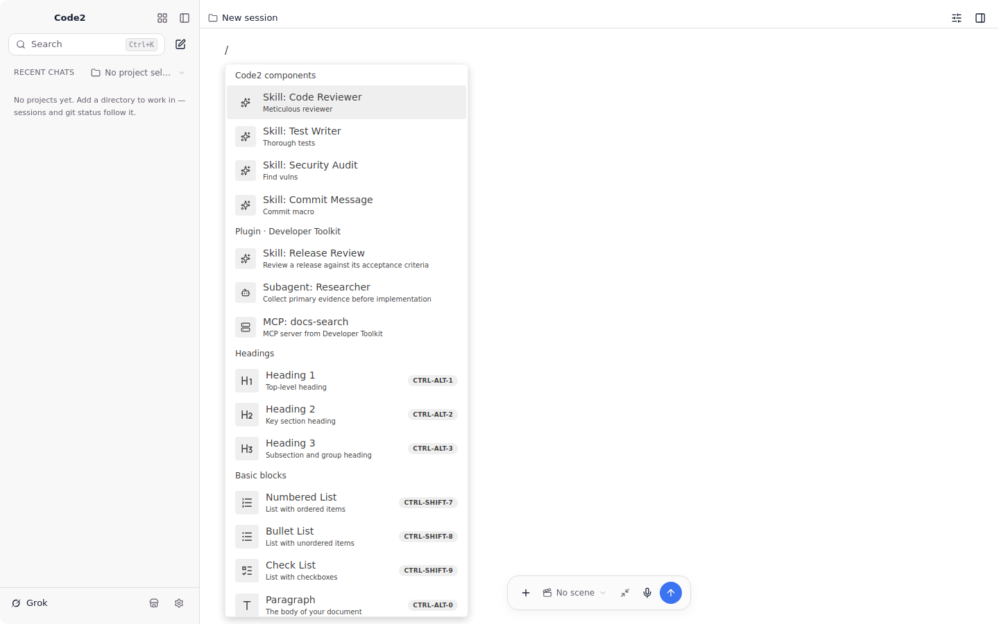 C2 document editor with the slash picker open for skills and blocks